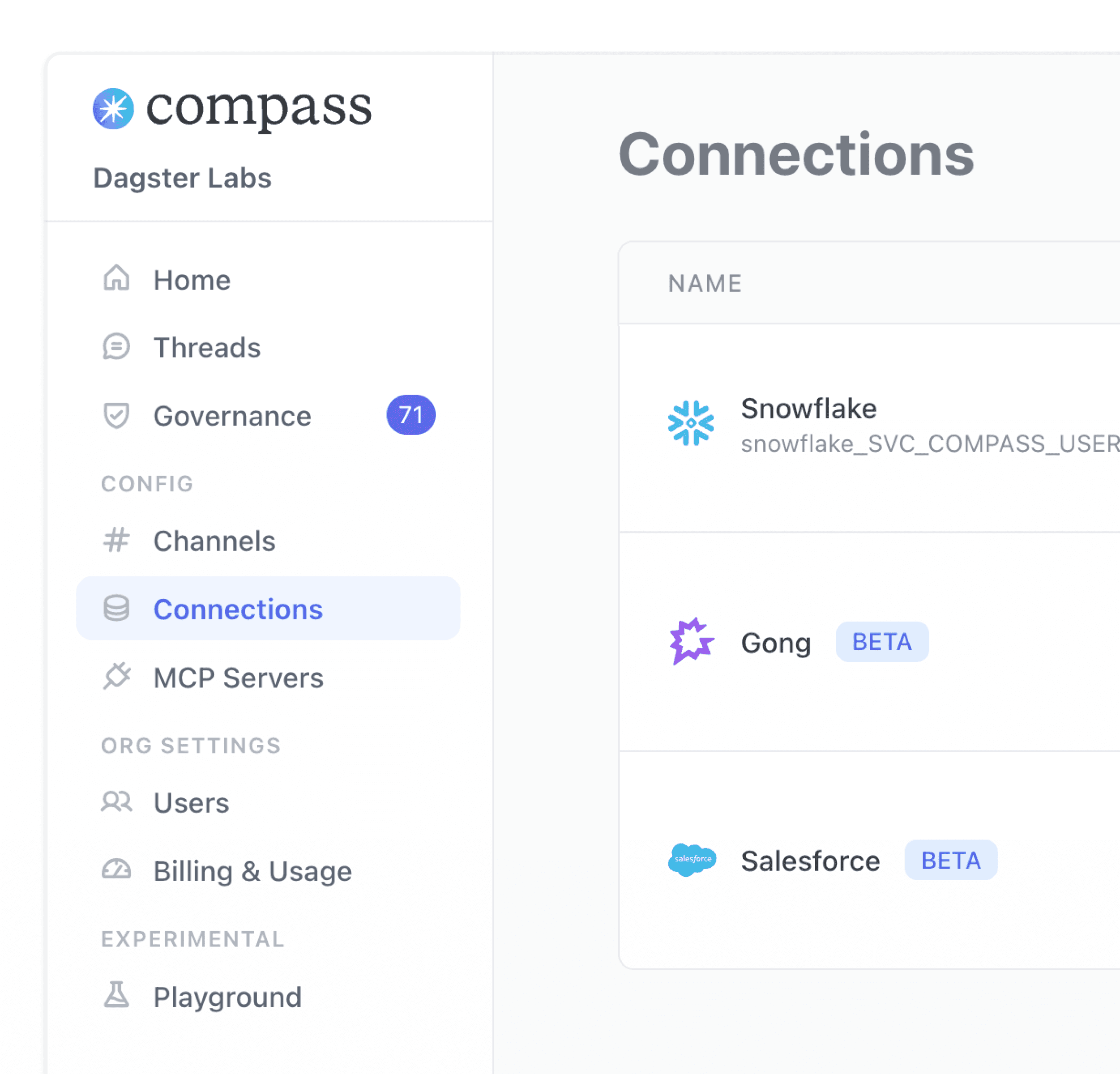 Compass interface showing Slack integration with Dagster data platform